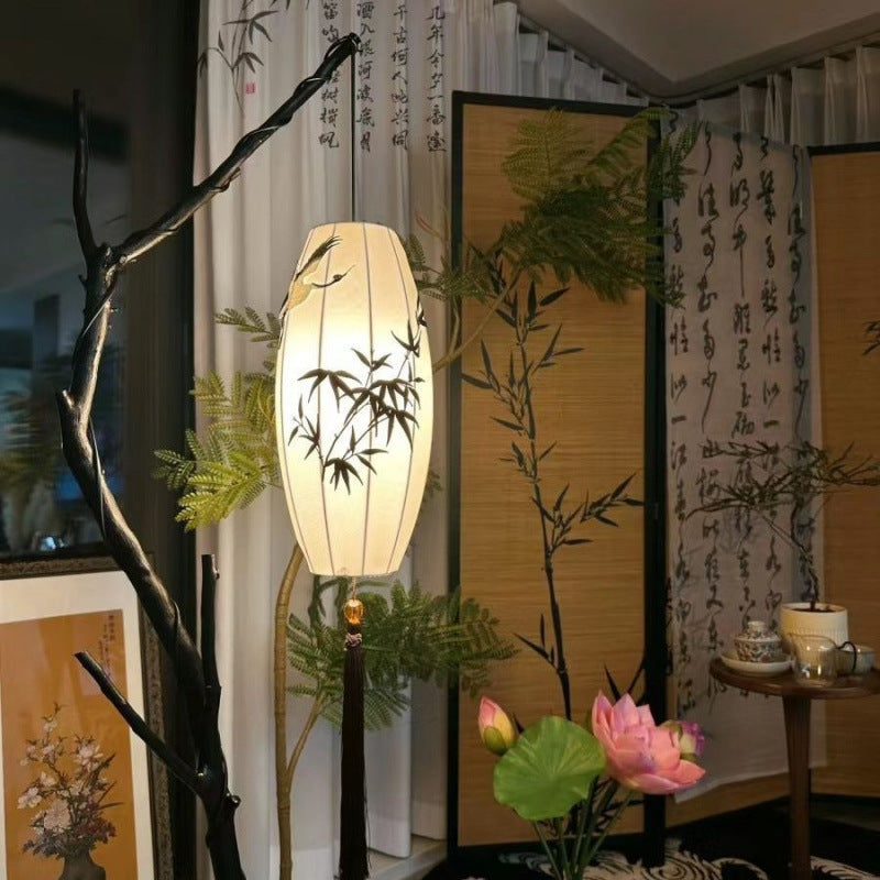 SeraphLight™ – 1.8m Oriental Floor Lamp with Fabric Lantern and Tree Branch Base