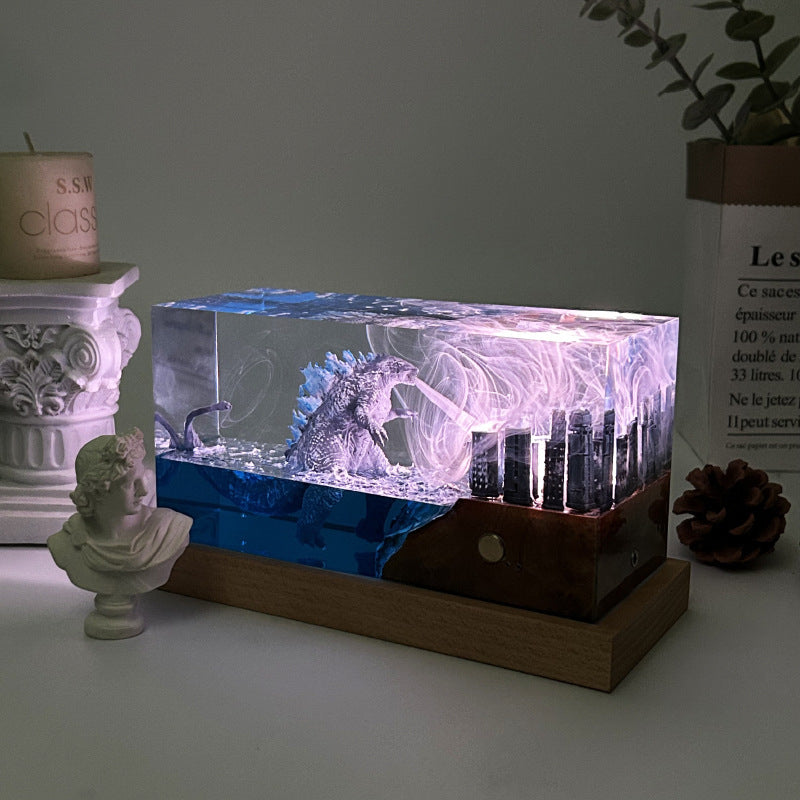 Kyushu™ – Handcrafted Resin Godzilla Ambient Lamp with Cityscape Base